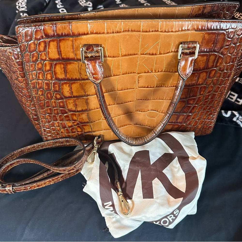 Michael Kors Amber Brown Croc Leather Shoulder Bag/straps Included/Satchel